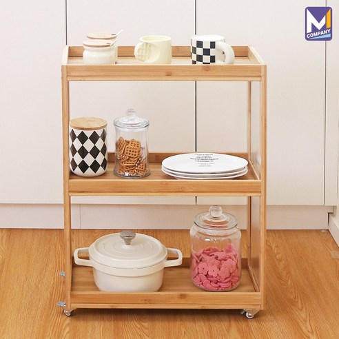 주방과 일상을 아름답게, M컴퍼니 원목 이동식 트롤리 3단 수납장: 공간 활용의 마법 원목트롤리