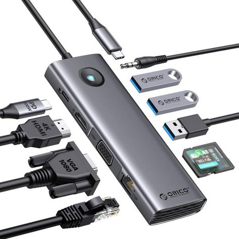 썬더볼트독 USB PORT 멀티 포트 노트북 허브 컨버터, 1m, 14 in 1 dp 모델 썬더볼트4도킹스테이션 16 USB C 도킹 스테이션 ORICO 10 in 1 노트북 스테이션HDMI 4K VGA 포트 3개 PD 100W SDTF 35mm 오디오 Windows Mac용 기가비트 이더넷, 10 IN 1_Grey