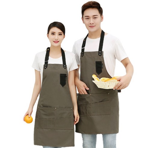 ANKRIC 홈 주방 앞치마 얼룩 방지 캔버스 멀티 포켓 홀터넥 앞치마 원피스앞치마, 카키색 옷감