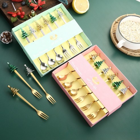 BLOWFISHFUGU 트리 디저트 스푼 & 포크 세트: 당신의 크리스마스 식탁에 마법을 더하세요.