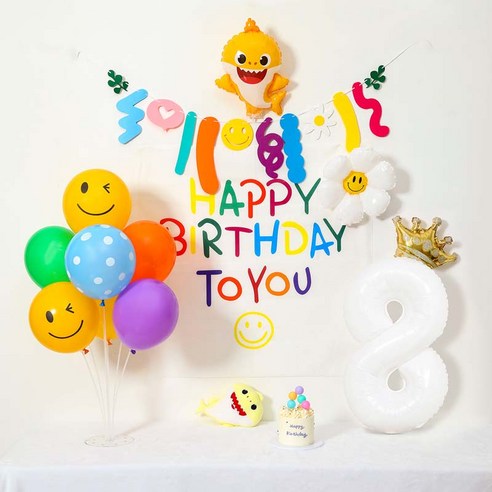 [피앤비유니티]캐릭터 현수막생일풍선세트 풍선펌프포함, 1세트, 28-8)현수막생일풍선세트 스탠드형 아기상어 화이트8