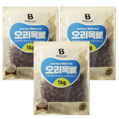 친절한도그씨 빈즈라이크 오리 목뼈 3kg 1kgx3팩 대형견 애견간식, 3개, 1kg, 단품