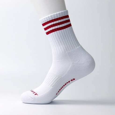 컴프로 남자 남성 V-TREK 기능성 스포츠 장목 쿠션 링글 기능성 양말, 흰색-빨강