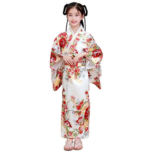 어린이 일본 전통 기모노 유카타 개량 의상 민속 한복 치마 드레스 롱 스커트 차이나 코스프레 자수 동양 플라워 T-1084