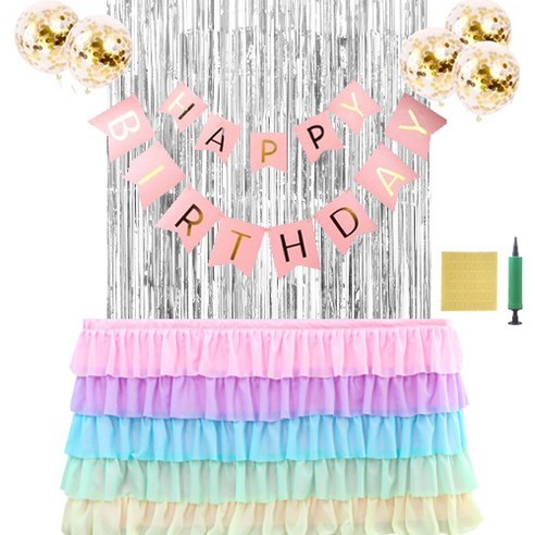 오픈런 생일파티 테이블스커트 풍선 가랜드 올인원 세트, S, 캉캉레인보우