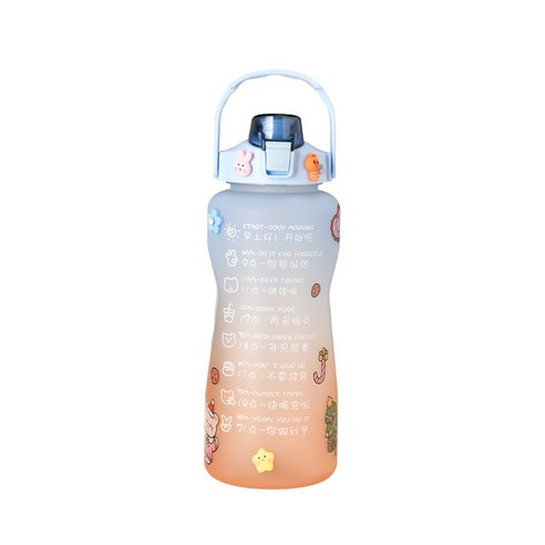 2000ml 점차적 물컵 여름 대용량 빨대 플라스틱 컵 휴대용 고안치 운동 물컵, 1500ml, 블루 오렌지 그라데이션 프린트