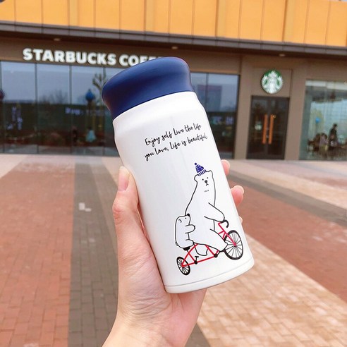smy일본 보온병 스타일 만화 귀여운 성격 여성 학생 커플 컵 남자 간단한 모리 스타일 컵, 블루커버/자전거곰/350ml, 하나