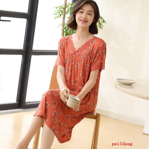 puildaug 여름 잠옷 인쇄 짧은 소매 잠옷 여성의 느슨한 가정용 의류는 외부에서 착용 할 수 있습니다.
