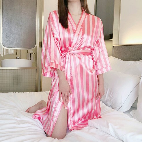 DFMEI-Y 일본 기모노 잠옷 봄과 여름 반팔 잠옷 여성 순수한 색상 얇은 매화 목욕 가운 여성 대형 홈, S, DFMEI F 줄무늬