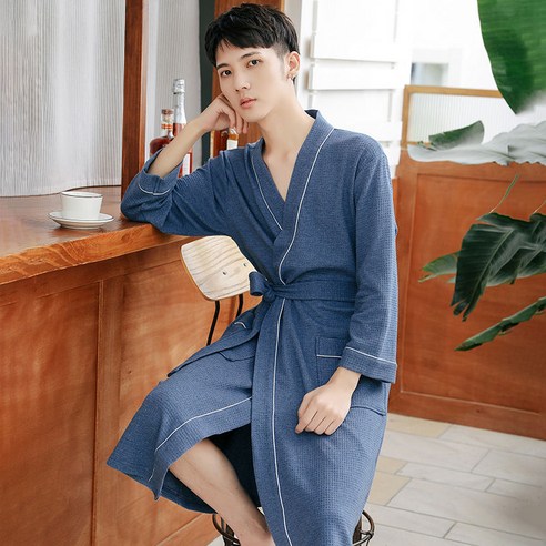 DFMEI-Y 호텔 커플 잠옷 여성 긴 면화 목욕 가운 남성 얇은 와플 잠옷 피부 친화 흡수성 빠른 건조 목욕 가운, {"패션의류/잡화 사이즈":"XL 적합 [160-200 진]"}, DFMEI 대마 블루 []