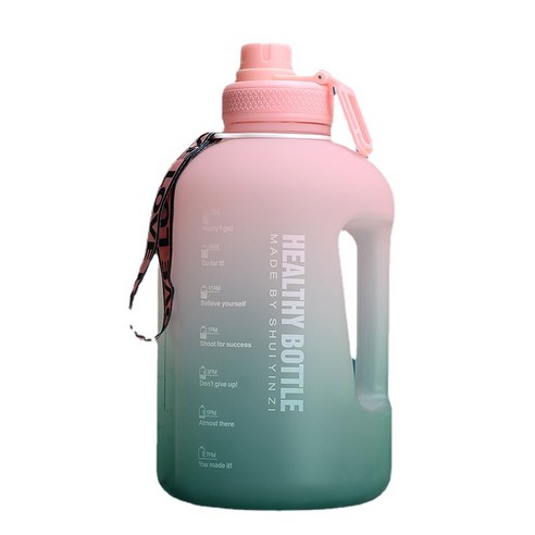 2.2L 대용량 물 컵 스포츠 피트니스 갤런 밀짚 대형 주전자 고온 저항 플라스틱 톤 배럴, 그라디언트 녹색 분말