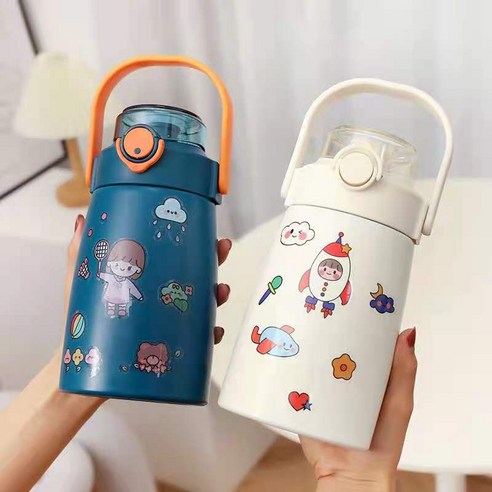 맞춤형 망홍 배부른 물컵 대용량 귀여움 벨트 빨대 휴대용 고안치 점프컵 자녀 보온컵, 304 내담 하늘색, 850ML