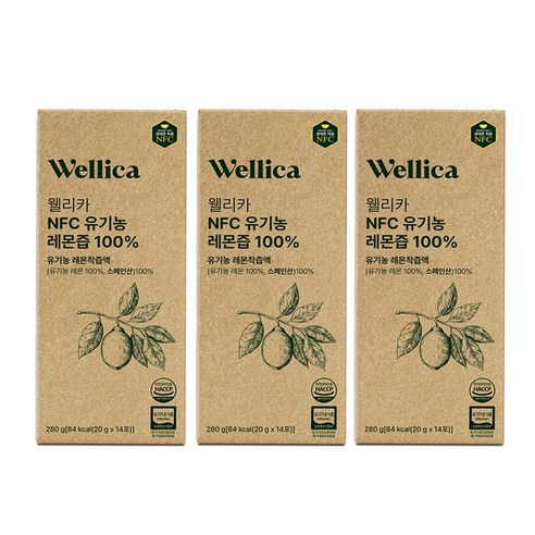 웰리카 레몬즙 레몬수 NFC 유기농 레몬즙100% 20g x 14포, 3박스, 280g