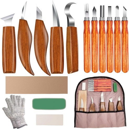 우드카빙키트- Wood Carving Kit 16PCS Tools Hand Knife Set with Anti-Slip Cut-Resistant Gloves Whittling -