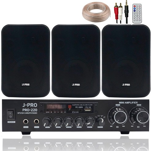 제이프로 220W 블루투스 매장용 카페 매장 업소용 벽걸이 미니 앰프 스피커 3개+리모콘+PC선 1.5M+스피커케이블, 블랙