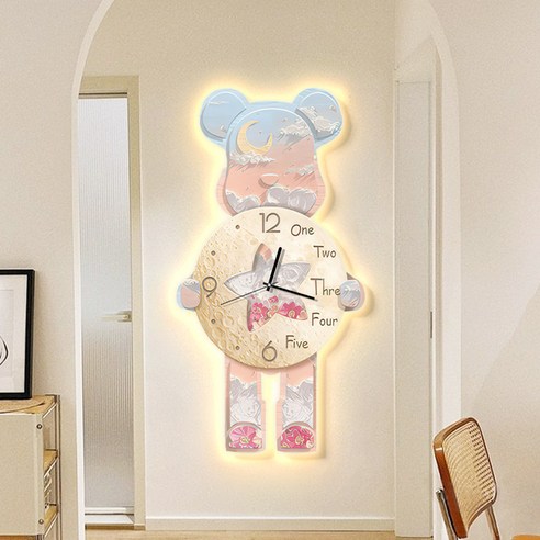 Uinox 곰돌이 시계 LED 무드등 인테리어 벽시계 대형 디자인 무소음 조명벽시계, L, 21*40cm