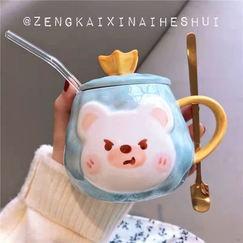 [다나에]홈 아침 식사 세라믹 머그잔 뚜껑 머그잔, 파란색 숟가락 빨대, 400ML