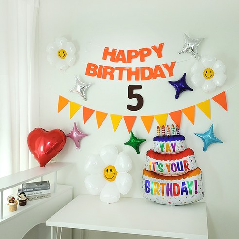 상큼화사 오렌지 펠트 생일가랜드 숫자펠트 전체 호일풍선 구성 생일파티용품 세트, 1세트, 숫자5번