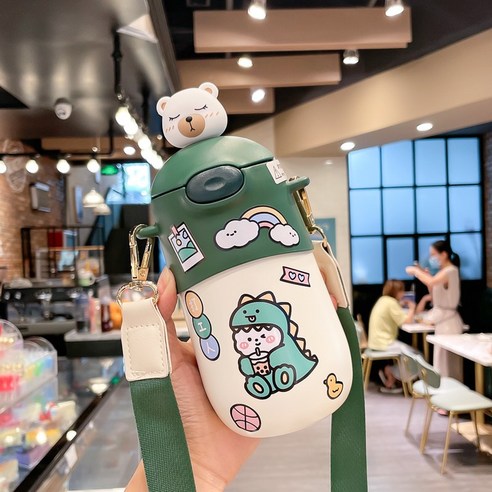 [LM] 500ml 곰 스티커 보온병 스테인레스 스틸 절연 뜨거운 음료 컵 밀짚 선물, {"크기":"500ml"}, Green A