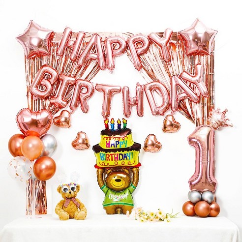[피앤비유니티] 로즈골드(곰돌이)케익커튼형 생일풍선세트 숫자포함, 1세트, 01)로즈골드(곰돌이)1 케익커튼형 생일풍선세트