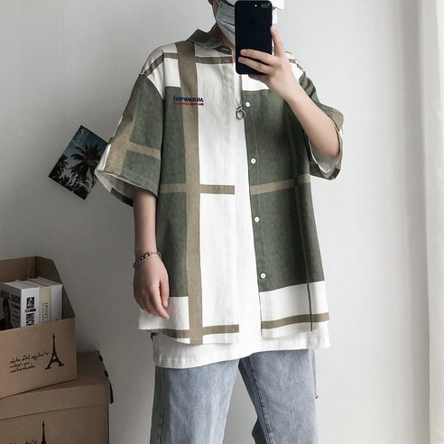 KORELAN 체크 셔츠 남자 반팔 루즈하다 트렌드 스트라이프 셔츠 얇은 반팔 멋있다 센스 있는 외투