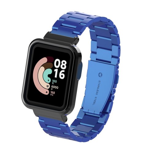 케이스 + 스트랩 Xiaomi Mi Watch Lite 스테인레스 스틸 금속 팔찌 Redmi 시계 스트랩 손목 밴드 시계 밴드 Mi Watch Lite, Blue, for Redmi Watch