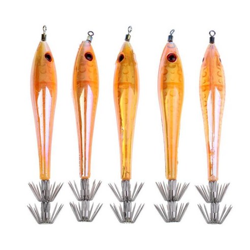 5pcs 오징어 낚시 루어 하드 미끼 슬리브-피쉬 태클 도구 지그 후크 바닷물, 오렌지, 9.5cm/3.7 인치, 플라스틱 정신
