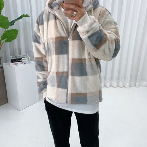 스트릿제이 데일리 체크 밍크 후드 집업