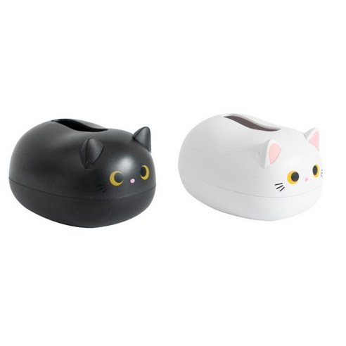 침실 홈 장식을위한 2x 고양이 모양의 티슈 박스 홀더 만화 스탠드, 22x16x13cm, 플라스틱, 블랙+화이트