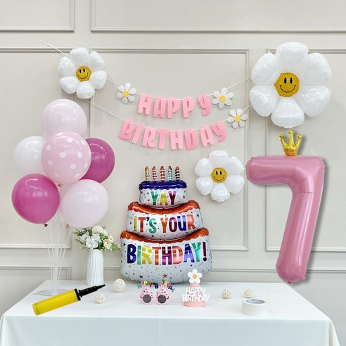 연지마켓 생일 파티 케이크 데이지 왕관 숫자 풍선 가랜드 세트, 1세트, 케이크 핑크B 7