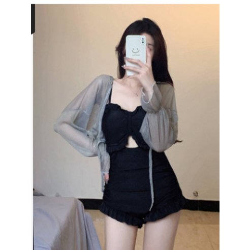 DFMEI 판매 원피스 나무 귀 수영복 배꼽 커버 슬리밍 보수적 인 원피스 복서 수영복, DFMEI 카디건 [블루]