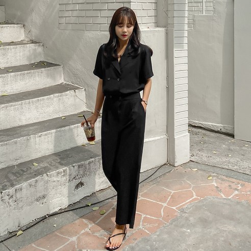 여성용 더블버튼 브이넥카라 점프수트