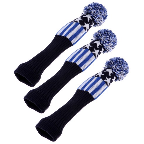 3Pcs 골프 드라이버 헤드 커버 클럽 양말 골프 헤드 커버 Pom Pom Blue Stars, 뜨개질 양모, 블루 별