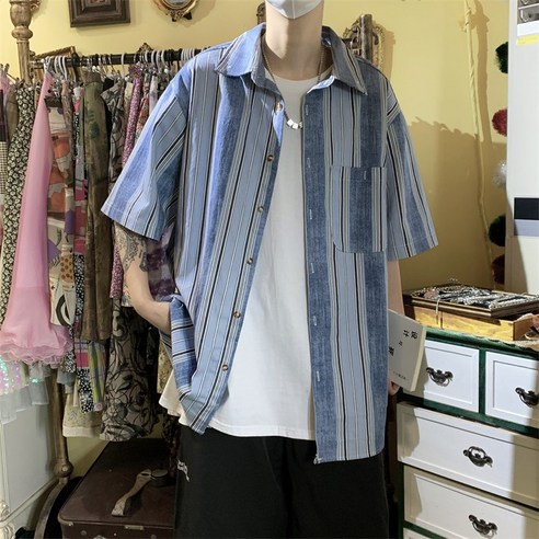 DFMEI 반팔 셔츠 남 빈티지 홍콩풍에 옷 트렌드 오버핏 스트라이프 셔츠