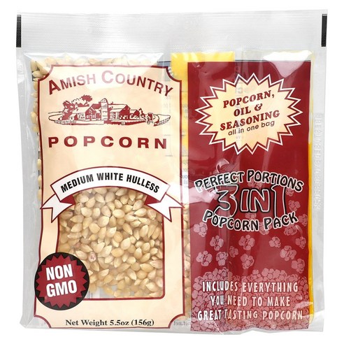 Amish Country Popcorn 퍼펙트 포션스 3 in 1 팝콘 팩 껍데기 없는 미디엄 맛 156g5.5oz, 1개, 156g