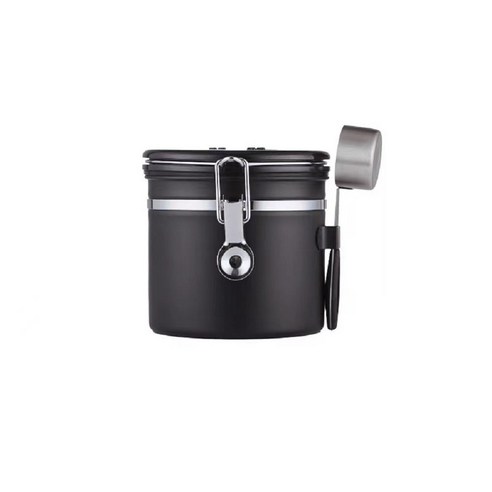 Sifei 스테인리스 스틸 이그조스트 씰드 탱크 스푼 포함 커피보관용기 1.2L, 1개, Black