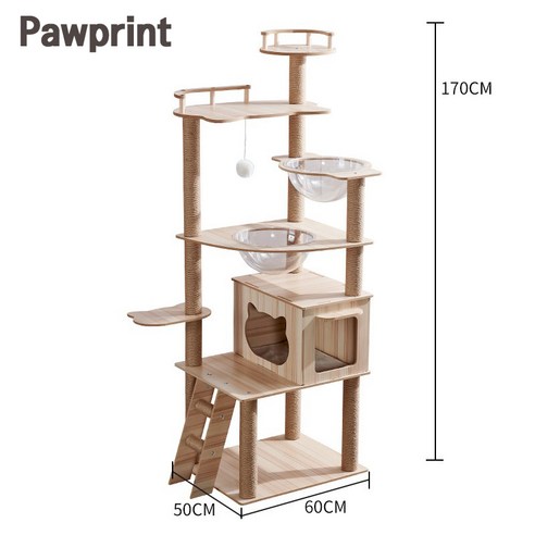 Pawprint 캣타워 고양이 스크래쳐 안정적인 원목 구조로 튼튼하고 견고함 다층 구조로 다양한 놀이와 휴식 공간 제공 대형 및 소형 고양이 모두 사용 가능 실내 인테리어에, 1세트