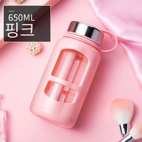 더블 레이어 유리 대용량 휴대용 고급 내열성 방폭 물 컵 차 분리 차 컵, 핑크 650Ml, 하나