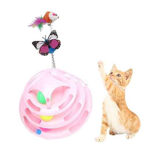 슈슈펫 4단 원반 디스크볼 고양이 장난감, 핑크 방울쥐 흔들나비, 2개