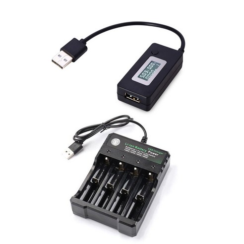 AFBEST 2 개 액세서리: 1 LCD USB 감지기 전압계 전류계 충전기 테스터 및 4-슬롯 리튬 이온 배터리, 검정