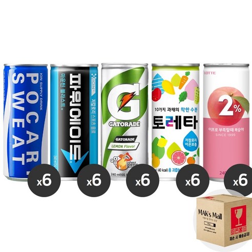 미니 캔음료 포카리스웨트 240ml 6개 + 파워에이드 마운틴 블라스트 240ml 6개 + 게토레이 레몬 240ml 6개 + 토레타 240ml 6개 + 이프로 부족할때 복숭아 240ml 6개 혼합세트, 1세트, 190ml
