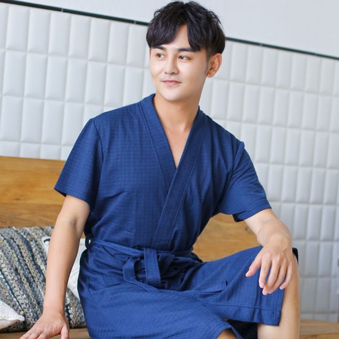 DFMEI-Y 커플 목욕 가운 여성 봄 여름 호텔 미용실 잠옷 남자 땀을 흘리는 옷 얇은 중간 길이 목욕 가운 플러스 사이즈, DFMEI 남성 반팔 와플 네이비 블루, L130-150 진