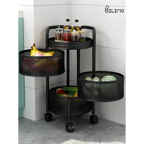 BILIMO 트롤리 회전 이동식 주방 수납함 다용도 철제 수납 서랍 정리대, 이동식 트롤리C, 블랙
