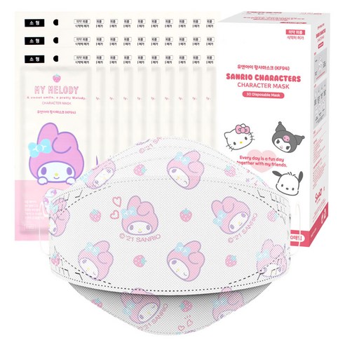 산리오마스크 추천 상품유앤아이 마이멜로디 황사 마스크 소형 KF94, 30매, 화이트, 1개 제품 사진