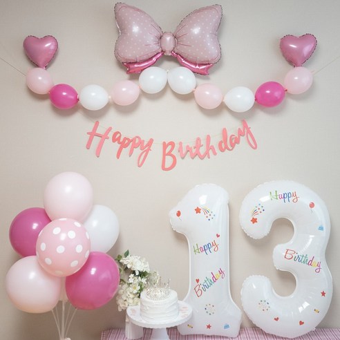 연지마켓 생일풍선 생일파티용품 리본풍선 숫자세트, 핑크리본 화이트세트 13