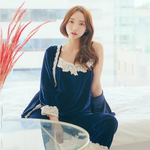 말랑마쥬 로즈레이스 벨벳파자마 로브가운 3세트잠옷