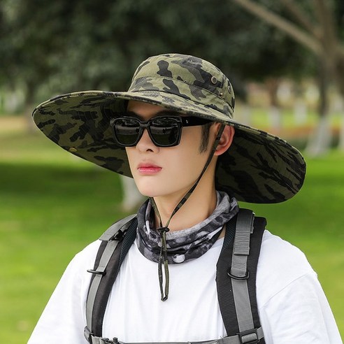 선스크린 모자 남자 여름 챙이 썬 모자 낚시 위장 어부 모자 남자 여자 해변 여름 야외 하이킹 모자, 평균 크기 (56-60cm), "16cm 위장" 녹색