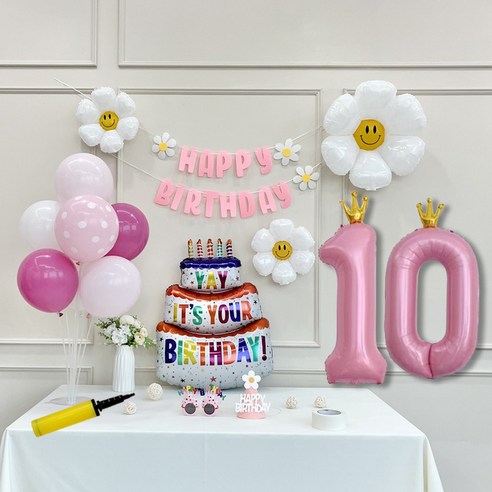 연지마켓 생일 파티 케이크 데이지 왕관 숫자 풍선 가랜드 세트, 1세트, 케이크 핑크B 10