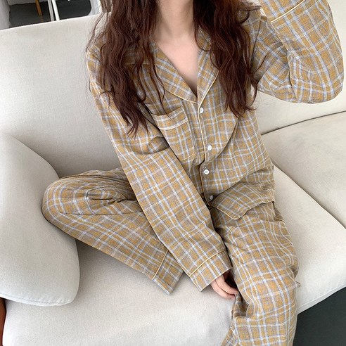 한국 올가을 커플 잠옷 클래식 체크 슬랙스 캐주얼 편안한 홈웨어 긴팔 세트