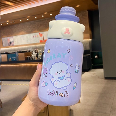 보온컵 여자 고안가 주전자 휴대용 야외 선녀 컵 배 빨대 물컵, 보라+스티커, 1130ml